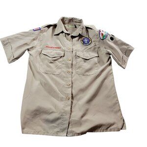 Boy Scouts Ladies Shirt XS Beige Short Sleeve Performance Vented Patches BSA